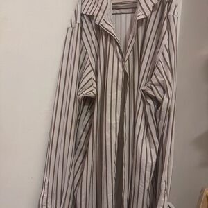 Zara Men's Vertical Stripe Button-Down Shirt in White and Brown